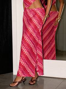 SHEIN ICON Women's Striped Mermaid Hem Fitted Skirt - Red - View 4