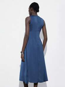 Aveloria Modichic Minimalist Satin Pleated Sleeveless Flared Midi Dress - Navy Blue - View 2