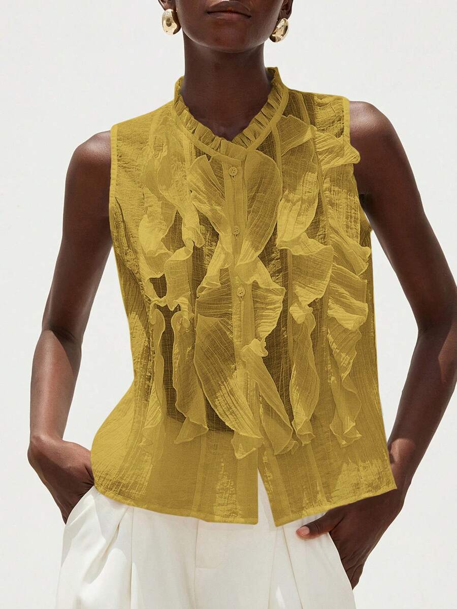 Aveloria Modichic Elegant Romantic Versatile French Style Sleeveless Shirt For Women, White Textured Crinkle Sheer Multi-Layer Ruffle Collar Design - Mustard Yellow - View 1