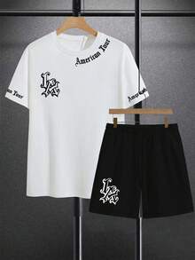Manfinity EMRG 2pcs/Set Men's "LA American Tour" Gothic Letter Design Casual T-Shirt And Shorts Set - Multicolor - View 3