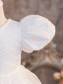 Glamorique Kids 优雅全印花蕾丝花瓣袖腰部褶皱薄纱裙公主裙，适合女婴、生日派对、花童 - 白色 - 查看 7