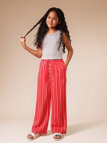 SUMWON Tween Ribbed Tank Top And Vertical Striped Wide Leg Pants Co-Ord Set Summer Casual Outfit - Orange - View 1