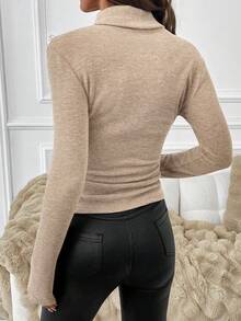 SHEIN Clasi Áo thun cổ lọ thu/đông nữ, lót nhiệt, đa năng - Màu be - Xem 2