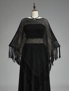 ROMWE Goth Áo choàng len poncho kiểu phương Tây Boho với thiết kế tua rua bất đối xứng và khoét sâu, chất liệu mỏng nhẹ. - màu đen - Xem 5