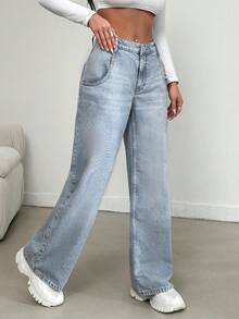 SHEIN Cottnline Pantalones vaqueros de mujer 100% algodón con bolsillos - Azul lavado medio - Ver 3