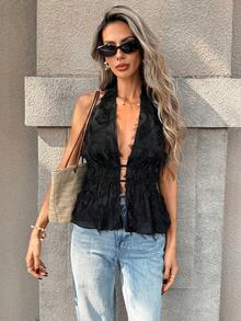 SHEIN PariChic Áo kiểu yếm đen thanh lịch – Áo voan mỏng xếp ly, thắt eo, lưng hở, buộc dây, không tay, thích hợp cho tiệc tối. - màu đen - Xem 1