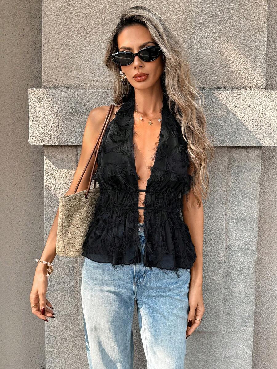 SHEIN PariChic Áo kiểu yếm đen thanh lịch – Áo voan mỏng xếp ly, thắt eo, lưng hở, buộc dây, không tay, thích hợp cho tiệc tối. - màu đen - Xem 1