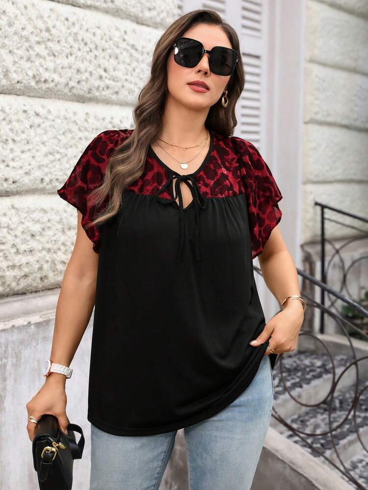 Plus Size Women Leopard Print Tie Front Ruffle Sleeve Dressy Blouse, Summer Tops