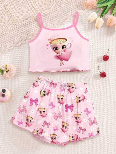 SHEIN Rosa crema, taza de princesa bailarina con corazón de dibujos animados, impresa con lazo, patrón de flores, conjunto de pijama de top y pantalones cortos de estilo minimalista casual de niña joven, adecuado para uso doméstico de verano, conjunto de camiseta y pantalones cortos, fácil comodidad, ambiente relajado, estilo desenfadado, estilo femenino