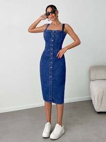 EURMUSE Slant Pocket Button Front Overall Denim Midi Dress - Dark Wash - View 3