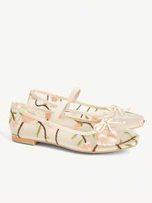 CUCCOO CHICEST 女鞋 时尚杏色蕾丝花朵网纱刺绣蝴蝶结玛丽珍透气平底鞋 可爱甜美优雅女式平底鞋 女鞋 - 杏色1 - 查看 3