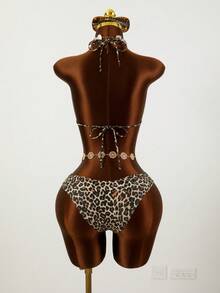 Zestiva 3pcs/Set Women's Spaghetti Strap Floral Mesh Beach Dress & Bikini Set Leopard Print Bathing Suit Women Leopard Swimsuit Leopard Bikini Cheetah Print Bikini Leopard Set - Multicolor - View 8