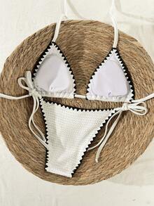 Swim Mod 2026 Spring/Summer Spaghetti Strap Halter Textured Fabric Side High Cut Women's Bikini Set, Vacation Style Crochet Bikini Set Crochet Swimsuit Women Textured Bikini String Bikini Set - White - View 2