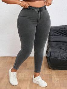 SHEIN ICON 大码女式高腰修身休闲百搭牛仔裤 - 淺灰色 - 查看 5