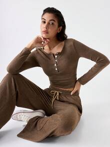 Loungeista 2pcs Set Women Long Sleeve Solid Color Tight Fitting Top And Pants Set, Spring/Autumn/Winterfor Summer - View 10