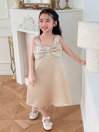 DAZY Young Girl Solid Color Bow Decor Square Neck Sleeveless Party Dress