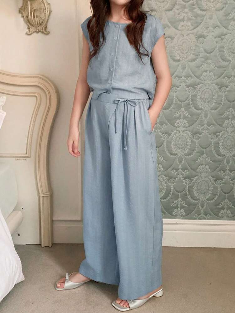 Tween Girls Summer New Round Neck Shirt & Wide Leg Pants Set