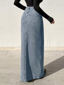 RueChic Women's Simple Daily Split Denim Skirt - Light Wash - View 2