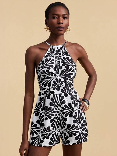 Travachic Women's Vacation Casual All-Over Print Halter Romper