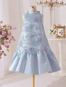 SHEIN 少女纯色立领蝴蝶结网纱亮片刺绣无袖连衣裙 - 白色 - 查看 2