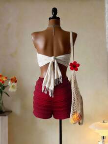 Lyxana Women's Solid Color Frill Trim Skinny Casual Shorts - Red - View 2