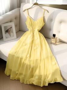 GlowEve Women's Summer New 3D Floral Yellow Strap Vacation Dress - Light Yellow - View 3