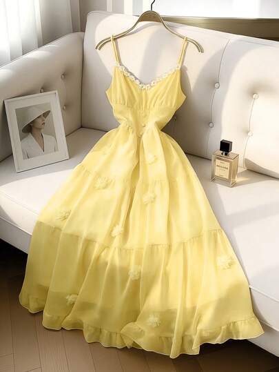 GlowEve Women's Summer New 3D Floral Yellow Strap Vacation Dress