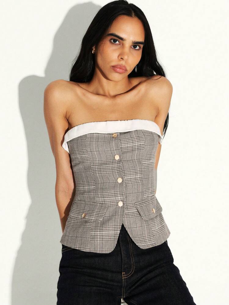 KSTM Women Strapless Plaid Vest Top With White Contrast Band Button Front Corset Style Bustier