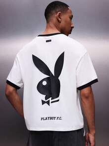 PLAYBOY X SUMWON 男士足球联赛图案T恤，背面大印花，黑色撞色滚边，常规版型纯棉T恤 - 白色 - 查看 1