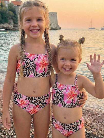 SHEIN 女童休闲豹纹修身吊带背心和比基尼泳衣套装，适合夏季穿着