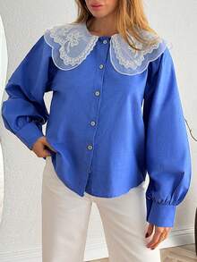 Áo kiểu nữ thanh lịch với cổ áo Peter Pan thêu độc đáo, áo tay dài kiểu dáng thường ngày - Màu xanh lam - Xem 4