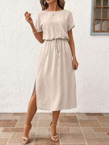 SHEIN Clasi 女士休闲舒适春夏中长连衣裙，优雅度假装 - 杏色 - 查看 5