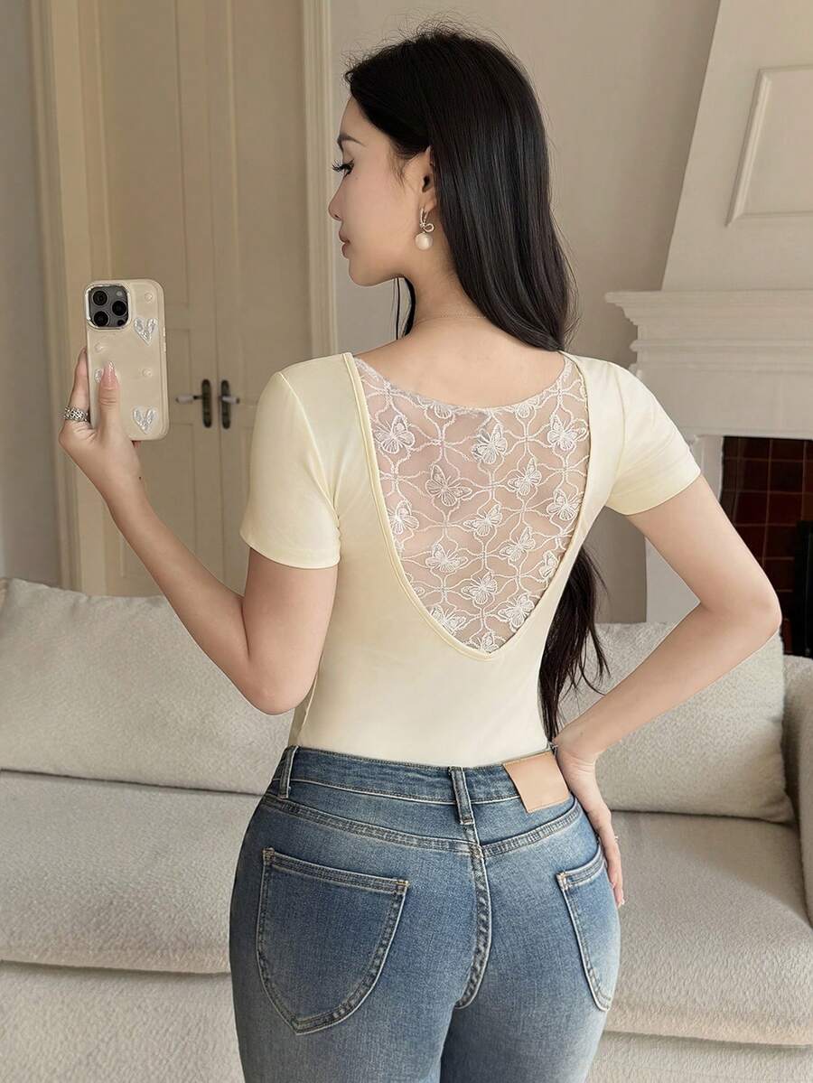 Feyla 女士撞色蕾丝短袖修身时尚T恤 - 杏色 - 查看 1