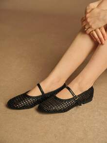 Rosivie Zapatos planos de material trenzado de PU, zapatos elegantes de estilo de oficina para ir y venir - Negro - Ver 6