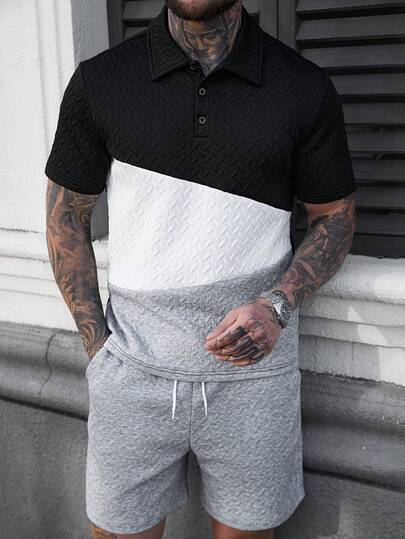 Manfinity CasualCool Men's Contrast Color Short Sleeve Textured Polo Shirt And Drawstring Waist Shorts Casual Set