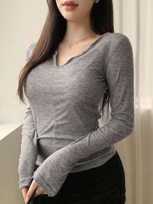 DAZY 女式修身透视长袖T恤，秋季服装 - 灰色 - 查看 8