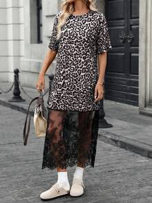 SHEIN LUNE 女士休闲豹纹蕾丝中长连衣裙 - 彩色 - 查看 5