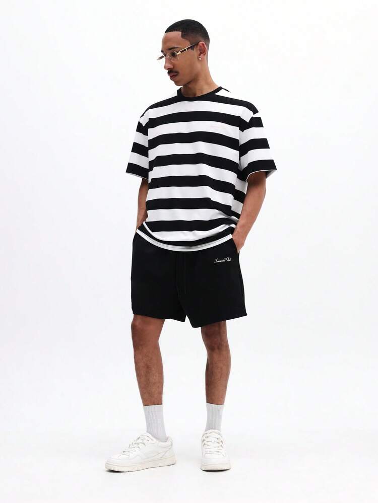 Men Striped T-Shirt And Shorts Co-Ord Set Casual Summer Two Piece Outfit Horizontal Stripes Crew Neck Short Sleeve Regular Fit Black White