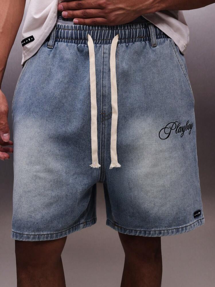 PLAYBOY X SUMWON Men's Vintage Washed Denim Pull On Shorts With Drawstring Waistband Text Print Casual Summer Bermuda Style