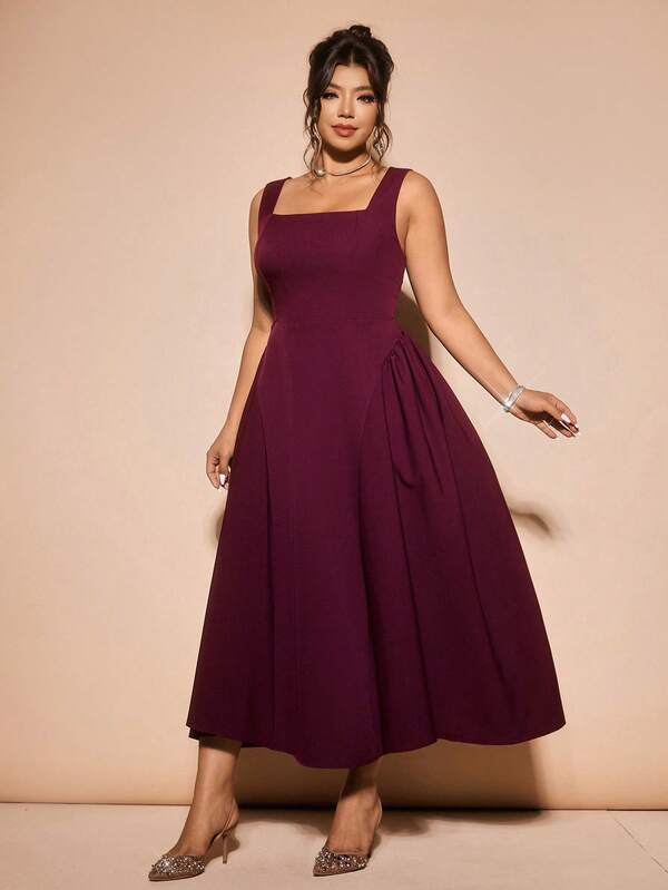 Cravure Plus Size Women's Solid Color Flared Square Neck Sleeveless Elegant Dress