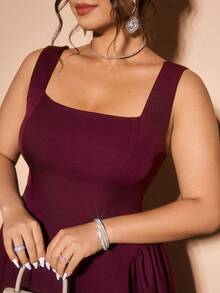 Cravure Plus Size Women's Solid Color Flared Square Neck Sleeveless Elegant Dress - Burgundy - View 6