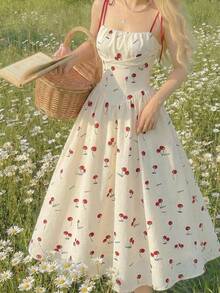 SHEIN MOD 女士优雅樱桃褶皱吊带连衣裙 - 彩色 - 查看 5