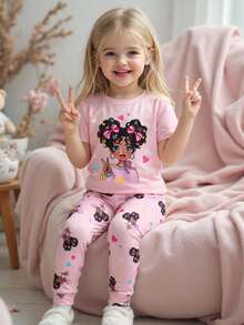 SHEIN 2件套女童图案针织圆领T恤和打底裤睡衣套装 - 淺粉色 - 查看 3