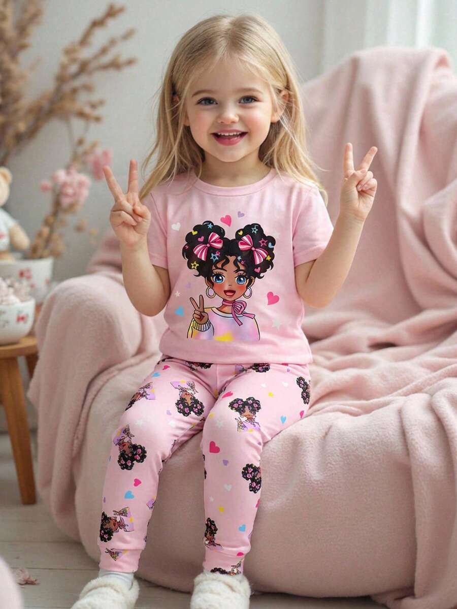 SHEIN 2件套女童图案针织圆领T恤和打底裤睡衣套装 - 淺粉色 - 查看 1