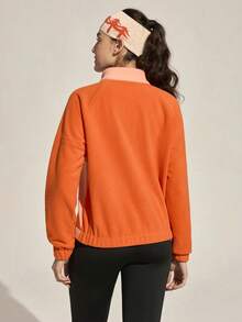 Exploreva Exploreva Women's Contrast Color Splicing Stand Collar Outdoor Fleece Jacket Orange Sweatshirt - Orange - View 3