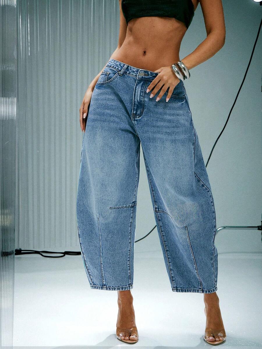 Denimoi Barrel Leg Washed Denim Jeans Fashionable Denim Fall & Winter Denim On Denim - Medium Wash - View 1