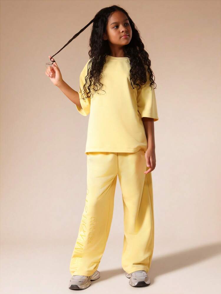 Yellow Crew Neck T-Shirt And Wide Leg Trouser Set
