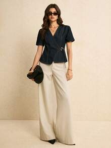 Poéselle 女士裹身短袖金属装饰时尚牛仔上衣 - 深色水洗藍 - 查看 5