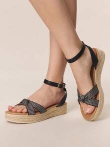 Styleloop Women's Platform Wedge Sandals, Woven Fabric Upper, Rope Wrapped Heel, Criss-Cross Strap Design, Vacation Style Essential, Boho Chic, Music Festival, Party Outfit, American Retro, Holiday Wear, Travel Must-Have Vacation Outfits Travel Essentials - Black - View 2