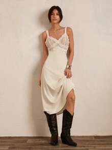 Easelle Summer White Satin Lace Long Dress For Women Spring Easter St Patrick's Day Party Wedding Graduation Elegant Vacation Lace Piping - White - View 6